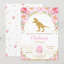 Floral Dinossaur Birthday Invitation Girl T-Rex