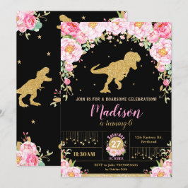 Convite Floral Dinossaur Birthday Invitation Girl T-Rex