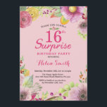 Convite floral do aniversário da surpresa 16o para<br><div class="desc">Convite floral do aniversário da surpresa 16o para mulheres. Aguarela floral,  fundo cor-de-rosa. 16o 18o 2ø 30o 40th 50th 60th 90 100th do 80 do 70. Alguma idade. Para uma personalização mais adicional,  clique por favor "personalizam-no" botão e usam-nos nossa ferramenta de design para alterar este modelo.</div>