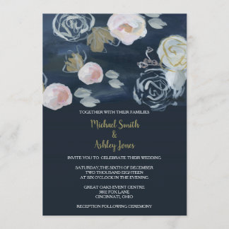 Convite floral do casamento do marinho & do ouro