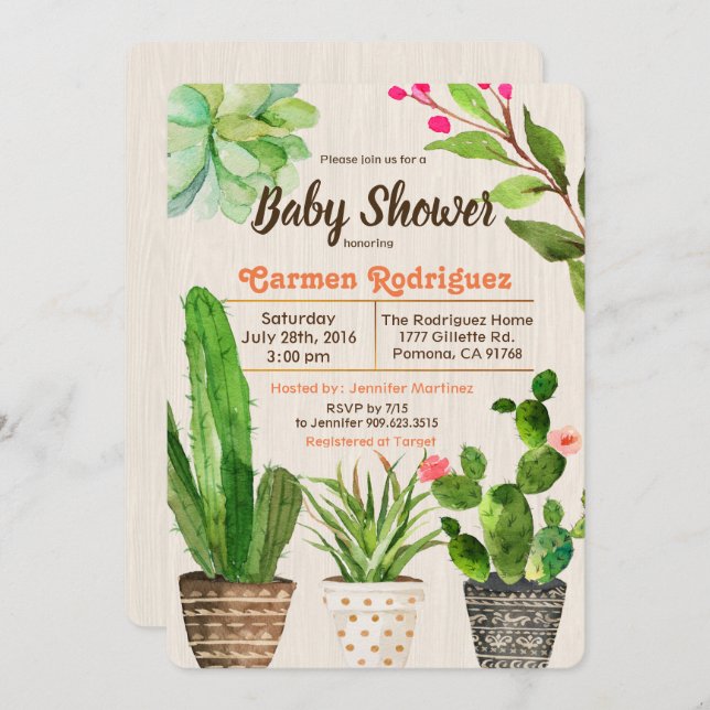 Convite floral do chá de fraldas do Succulent do (Frente/Verso)