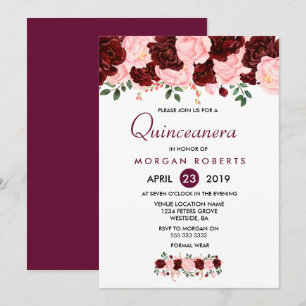 Convite floral do rosa & da Borgonha Quinceanera