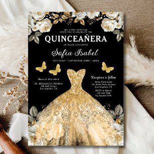 Convite Floral Dourada Borboleta Negra Princesa Quinceaner