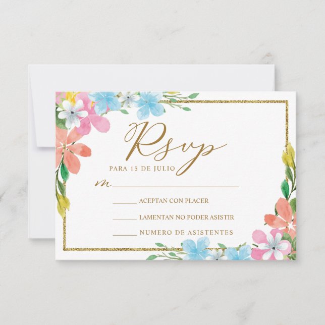 Convite Floral Dourada Border Nuestra Boda Wedding RSVP (Frente)