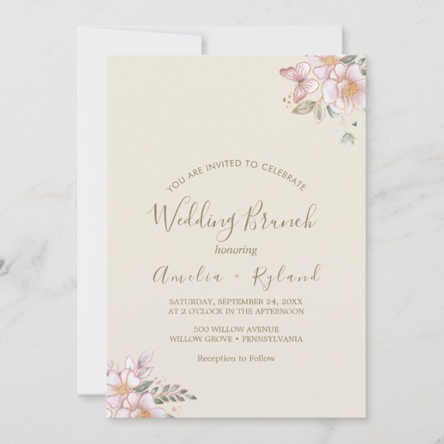 Convite Floral Dourada | Brunch de Casamento Creme e Doura (Frente)
