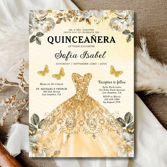 Convite Floral Dourada Butterfly Princess Quinceanera (Criador carregado)