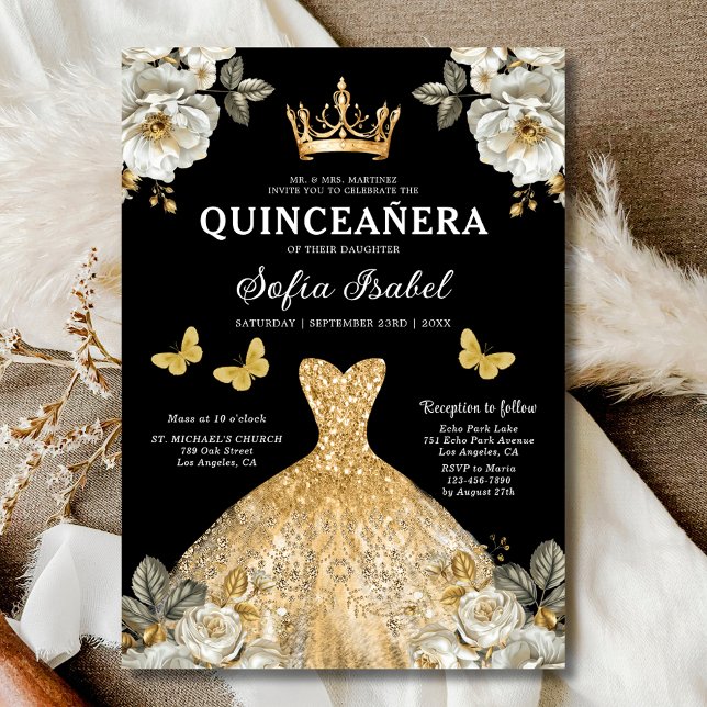 Convite Floral Dourada Butterfly Princess Quinceanera (Criador carregado)