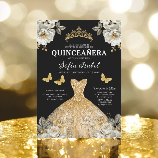 Convite Floral Dourada Butterfly Princess Quinceanera (Criador carregado)