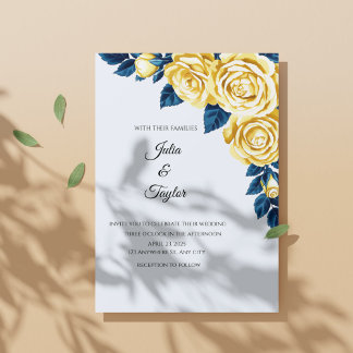 Convite Floral Dourada Com Ramos Azuis