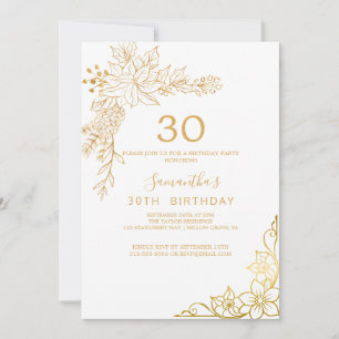 Convite Floral Dourada Creme e Dourado Aniversário de 30