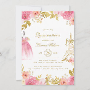 Convite Floral Dourada Rosa Paris Chic Quinceanera