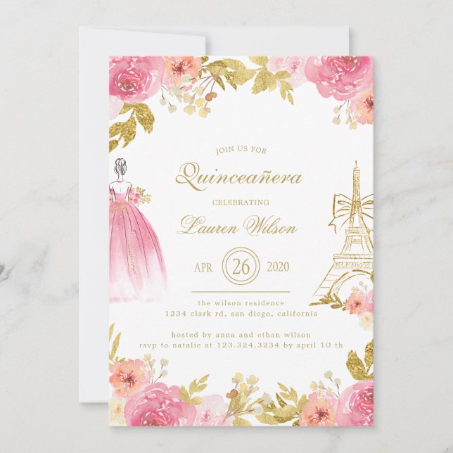 Convite Floral Dourada Rosa Paris Chic Quinceanera (Frente)