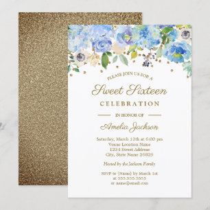 Convite Floral Dourado Azul Aguarela para Festa de