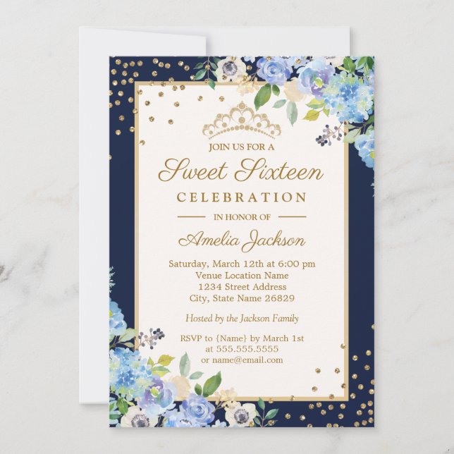 Convite Floral Dourado Azul Brilho Sweet Sixteen (Frente)