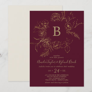 Convite floral dourado Borgonha & casamento do monograma