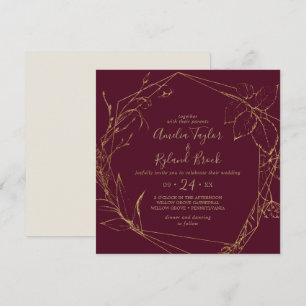 Convite   floral dourado Borgonha & casamento geométrico