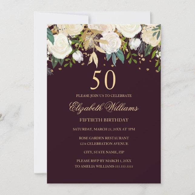 Convite Floral Dourado Borgonha para Aniversário d (Frente)