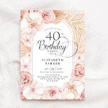 Convite Floral Dourado Cor-de-rosa-aniversário de 40 anos<br><div class="desc">Convite de festas de aniversário de 40 anos floral de aquarelas. Bonita design feminina elegante com sotaques botânicos tropicais pintados à mão e folhagem dourada. Possui delicadas orquídeas aquáticas, rosas, peônias, folhas de bananas secas, capim de pampas e fonte de tipografia de tendência. Você pode escolher convites impressos e/ou fazer...</div>