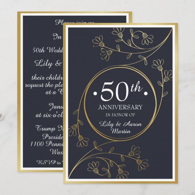 Convite Floral Dourado de 50º Aniversário (Frente/Verso)