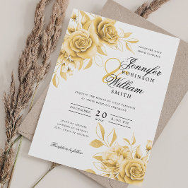 Convite Floral Dourado de Casamento de Script Elegante com
