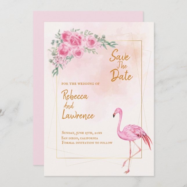 Convite Floral Dourado de Casamento Flamingo, cor- (Frente/Verso)
