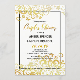 Convite floral Dourado do chá do casal Flourishin