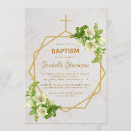 Convite Floral Dourado Lírios Brancos Marble Baptism Geomé