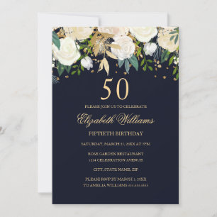 Convite Floral Dourado Marinha para Aniversário de
