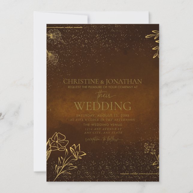 Convite Floral Dourado Moderno | Casamento castanho (Frente)