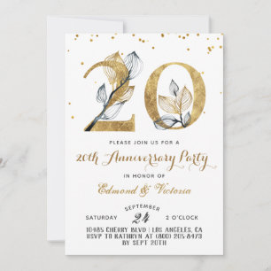 Convite Floral Dourado para 20 Aniversário