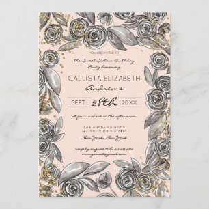 Convite Floral Dourado Preto Confetti Watercolor Sweet 16