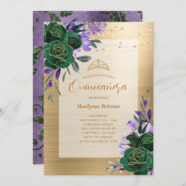 Convite Floral Dourado Purple Green Quinceañera (Frente/Verso)