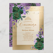 Convite Floral Dourado Purple Green Quinceañera