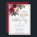 Convite Floral Dourado Red Surprise 50ª Festa de aniversár<br><div class="desc">Este elegante 50º convite de aniversário surpresa é perfeito para o seu evento especial! Esta design apresenta lindas flores vermelhas e brancas e tipografia lacrimogênea.</div>