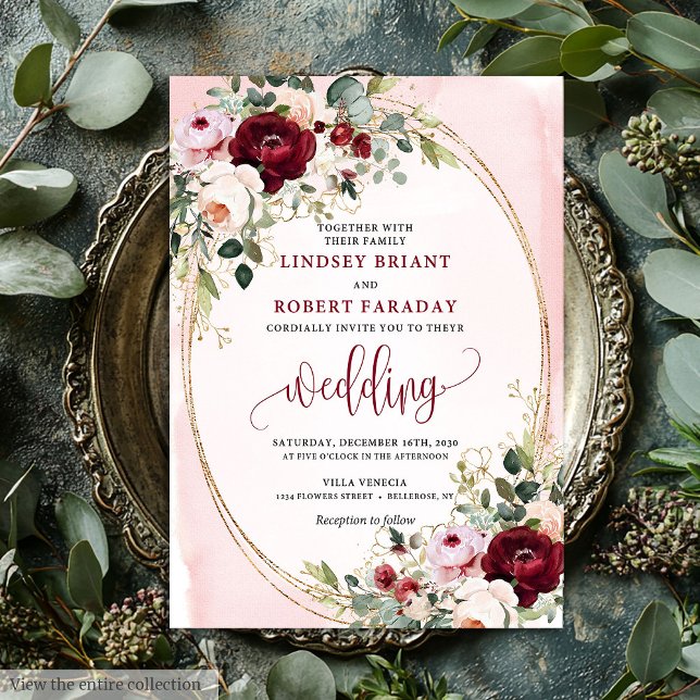 Convite Floral Dourado Rosa Burgundy Chic Boho (Chic Boho Burgundy Blush Gold Floral Invitation)
