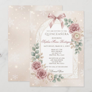 Convite Floral Dourado Rosa Empoeirada Laço Flocos de Neve