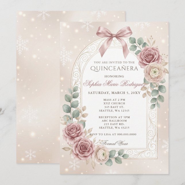 Convite Floral Dourado Rosa Empoeirada Laço Flocos de Neve (Frente/Verso)