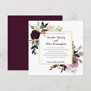 Convite Floral Dourado Rosa Lavanda  Casamento Quadrado