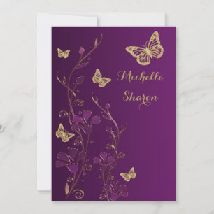 Convite Floral Dourado Roxo com Borboletas Bat Mitzvah