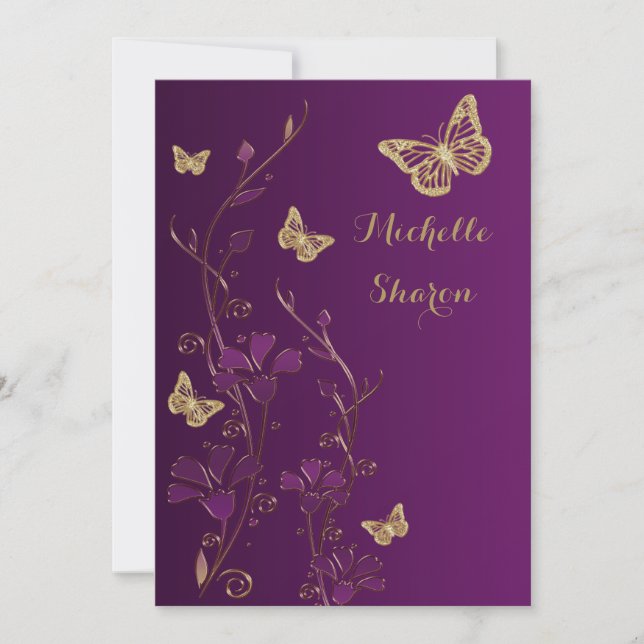 Convite Floral Dourado Roxo com Borboletas Bat Mitzvah (Frente)