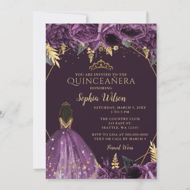 Convite Floral Dourado Roxo, Princesa Quinceañera (Frente)