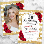 Convite Floral Dourado White Rosa vermelha Foto 50º Aniver<br><div class="desc">Elegante, floral, 50º aniversário feminino com sua foto no final do cartão. Glam branco, design vermelho com ouro brilhante. Recursos stripes, rosa vermelha, fonte de script e confetti. Perfeito para uma festa de comemoração de na moda adulto. Personalize com seus próprios detalhes. Pode ser personalizado para qualquer idade! Impressos convites...</div>