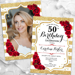 Convite Floral Dourado White Rosa vermelha Foto 50º Aniver