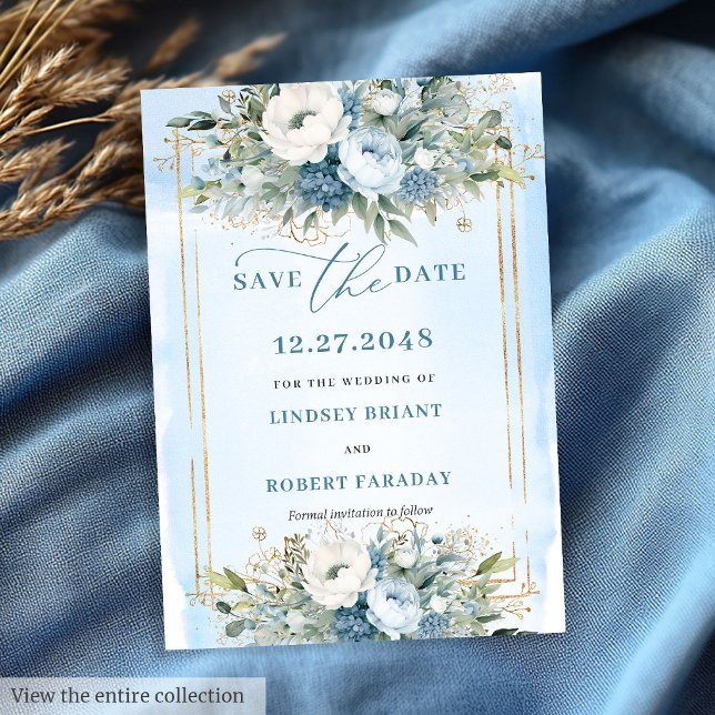 Convite Floral Dusty Azul Flores Douradas Brancas Salvem a (Floral Dusty Blue White Gold Flowers Save The Date)