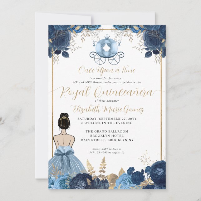 Convite Floral Dusty Blue Cinderela Royal Quinceanera (Frente)