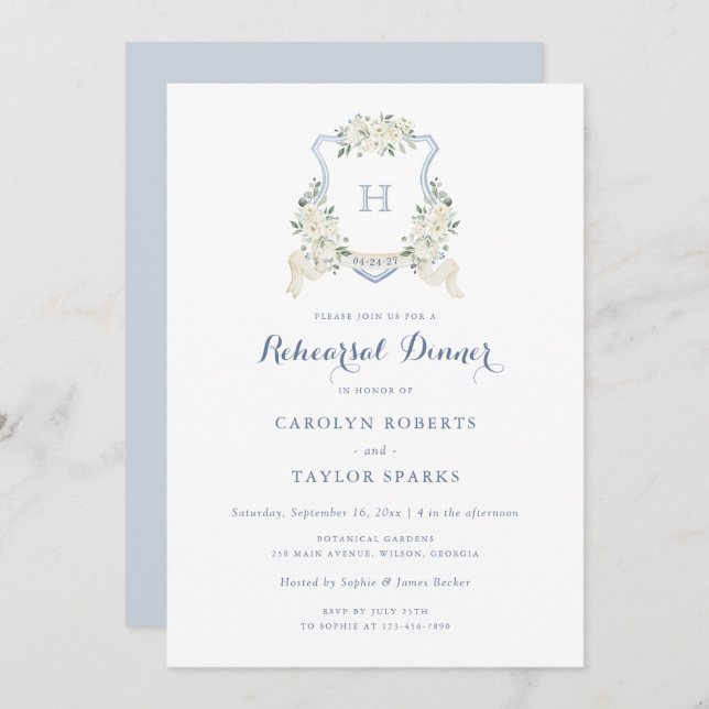 Convite Floral Dusty Blue Crest Rehearsal Dinner Wedding (Frente/Verso)