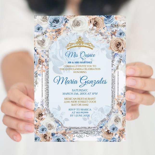 Convite Floral Dusty Blue Girl Sweet 15 Birthday (Criador carregado)