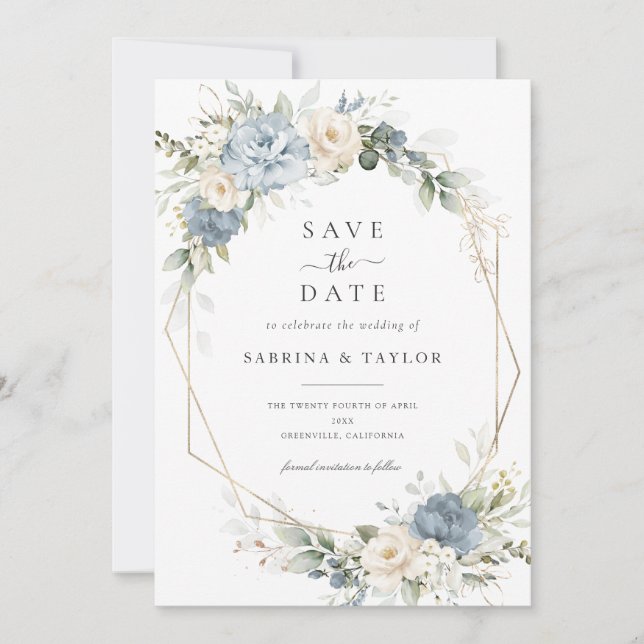 Convite Floral Dusty Blue Greenery Casamento Salvar Data (Frente)