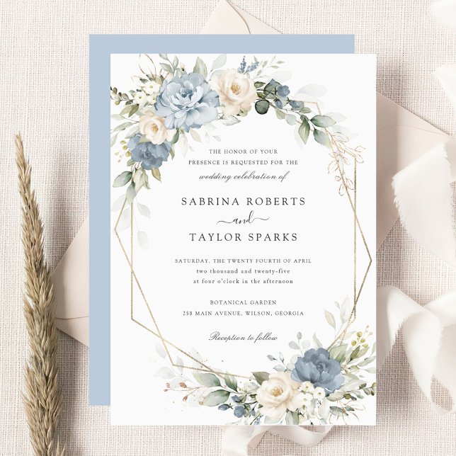 Convite Floral Dusty Blue Greenery Gold Wedding (Criador carregado)
