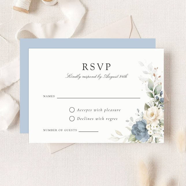 Convite Floral Dusty Blue Greenery Wedding RSVP Card (Criador carregado)